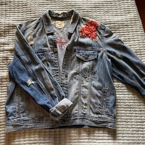 American Eagle Embroidered Distressed Jean Jacket